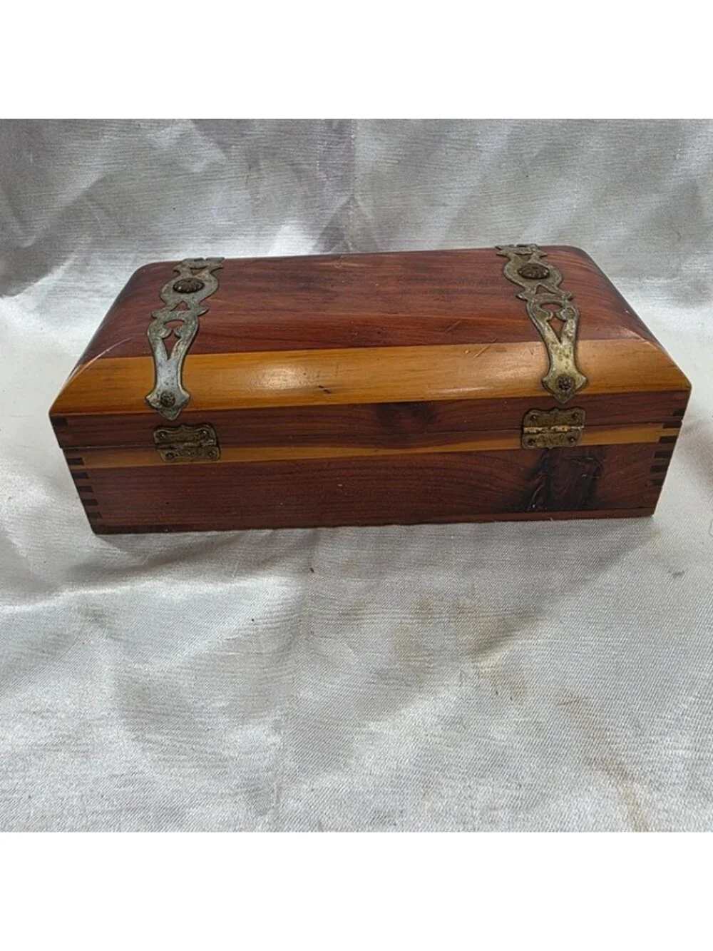 Vintage Cedar Jewelry Trinket Box Ornate Brass Hardware